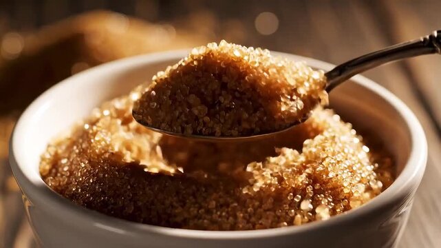 A Spoon Scooping Raw Brown Sugar Crystals From a White Ceramic Bowl.