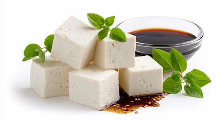 Tofu cubes and soy sauce with fresh herbs on a white background