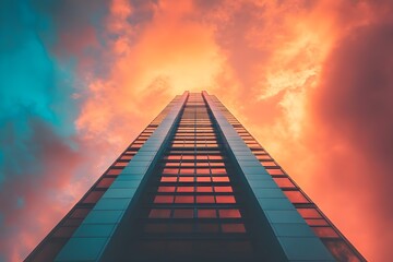 Tall modern skyscraper reflecting vivid orange sunset clouds from a dramatic low-angle view