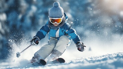 Fototapeta premium Child enjoying winter sport, skiing outdoor with snow goggles and warm clothing. Young boy skiing. Winter vacation