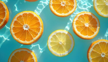Bright orange and lemon slices float in clear turquoise water. Sunlight creates ripples and shadows on the blue surface. Refreshing citrus fruits create a vibrant summer mood.