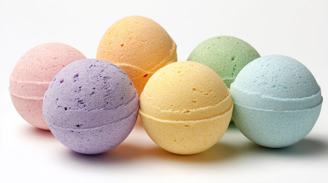 Colorful bath bombs arranged in a pleasing pattern on a white surface - Powered by Adobe