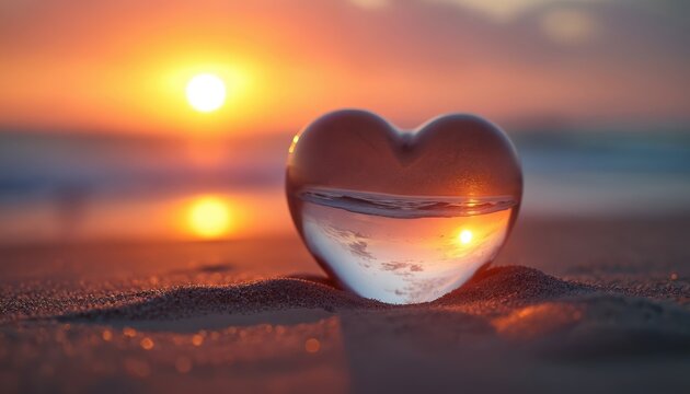 Clear heart shape crystal sits on beach sand. Reflects vibrant sun setting over ocean waves. Golden light glows around romantic coastal scene at dusk. Water ripples inside heart. Love.