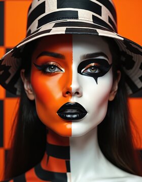 Creative portrait of woman with black lipstick in hat. Face divided into orange color on one side and white on other side. Modern art, fashion make-up, face-art on model face.