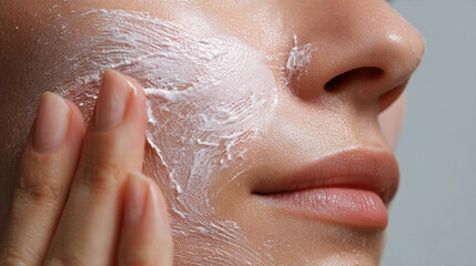 Fototapeta premium Woman applying face cream in a bright and serene setting