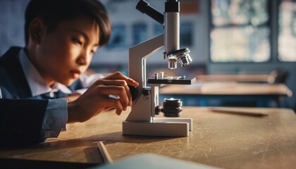 Young Asian boy in a school uniform intently using a microscope on a wooden desk in a classroom setting.