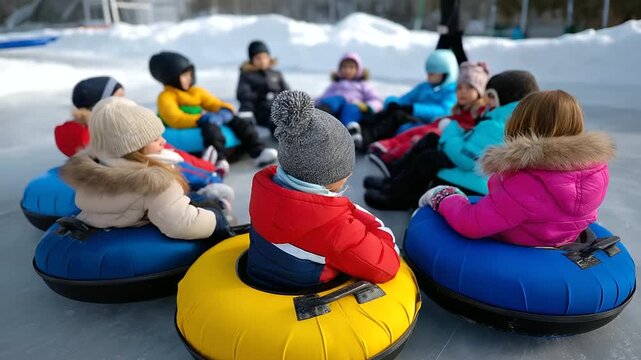 Group of kids sitting on their snow tubes in a circle, faces hidden or turned away, background defocused to emphasize unity and shapes, with copy space