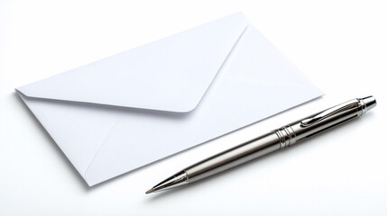 Elegant silver pen beside a blank white envelope on a plain background