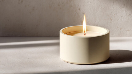 Elegant candle burning softly on a minimalist surface