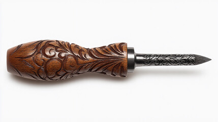 Wooden carving tool with intricate design and sharp metal tip