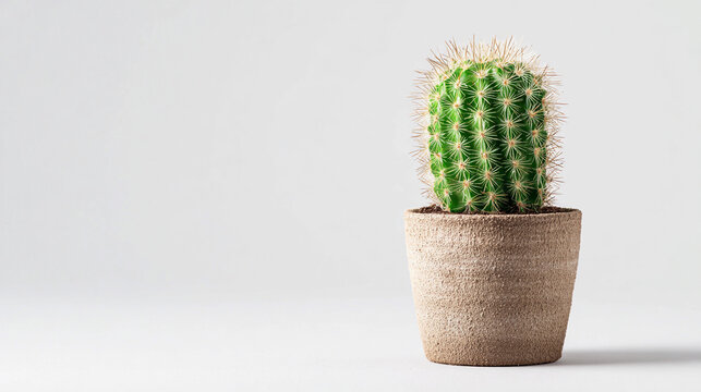 Bright green cactus in simple pot on white background