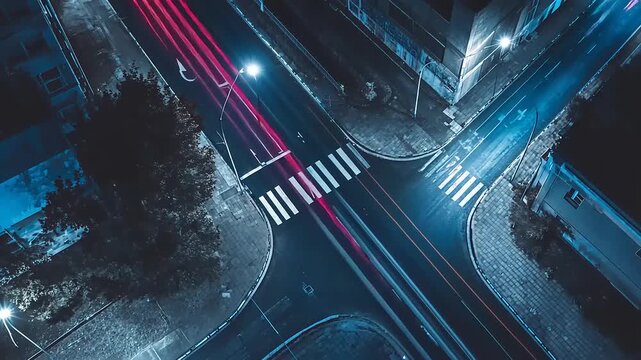Night city crossroads with vibrant light trails showcasing urban energy and modern transportation, perfect for travel or technology related content