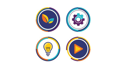 Four colorful circular icons representing concepts like nature technology ideas and play
