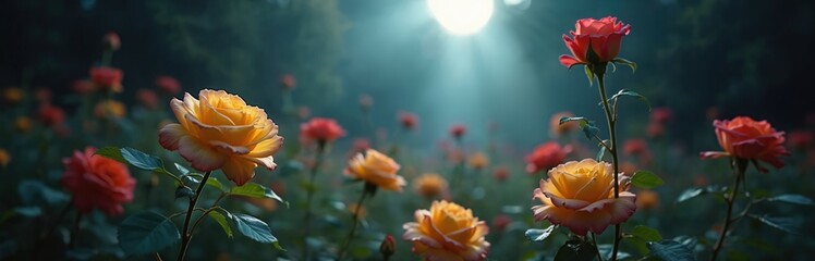 Naklejka premium Yellow and red roses bloom in mystical garden. Moonlight rays shine on flowers. Fantasy nature landscape with beautiful blossoms in low key tones.