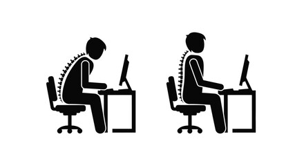 Illustrating proper and improper posture while seated at a desk