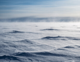 Obraz premium Windblown snow drifting across wide frozen winter plain under sunlight