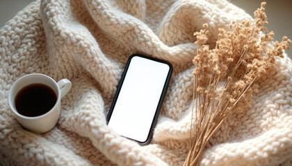 Cozy flat lay shows smartphone mockup, hot coffee cup. Dried flowers rest on chunky knit beige blanket. Warm home office relaxation scene blends modern tech with natural decor. Feminine workspace