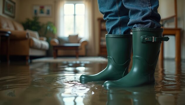 Person stands in flooded living room with green boots. Water damage covers the floor. Concept of natural disaster, home insurance claim, or plumbing issue after heavy rainfall.