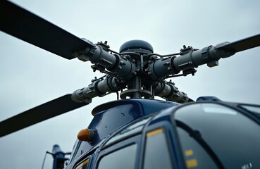 Close view of a dark blue helicopter rotor hub and blades. The complex mechanical parts of the aircraft are detailed against a cloudy sky. It shows a part of the helicopter cockpit.