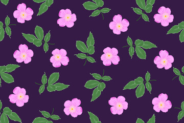 Vector rosehip seamless pattern with pink flower and green leaves on a lilac background. Floral background of plants rich in vitamin C.