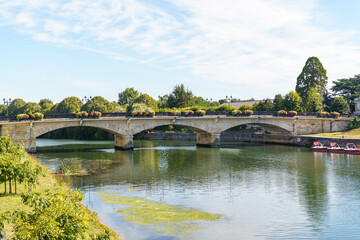 A bridge spans a river Charente in city Saintes France with a green and brown landscape in the background. The bridge is surrounded by trees and has a few potted plants on it. The water is calm