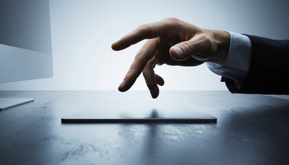 A professional's hand "walking" across a sleek digital tablet on a desk, symbolizing interaction with modern technology.