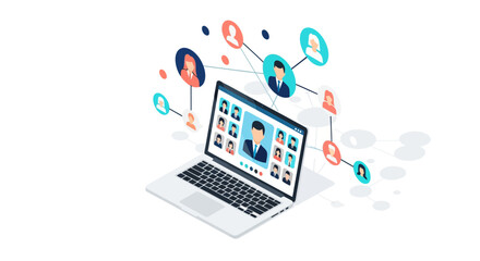 Remote team networking on laptop with connected colleagues in isometric design
