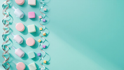 Delightful pastel cosmetic containers and glittering ribbon create a captivating spa aesthetic for wellness and beauty brands, ideal for product promotion