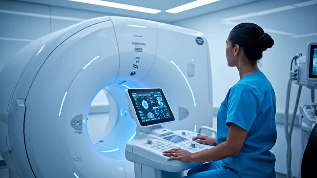 Female technician operating medical imaging equipment in a clinic