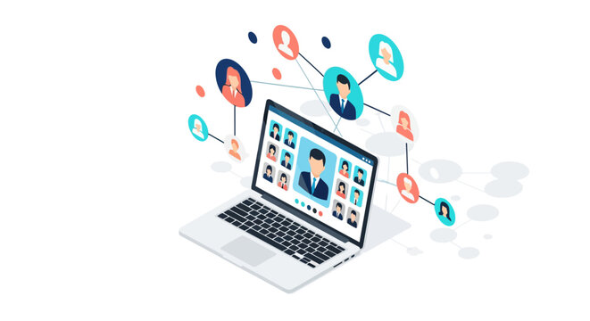 Remote team networking on laptop with connected colleagues in isometric design