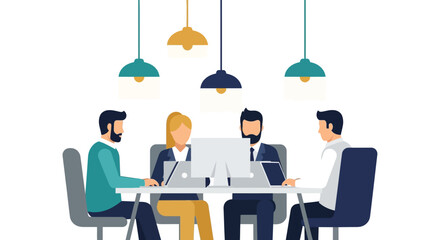 Office collaboration concept with team working around desk in modern workspace