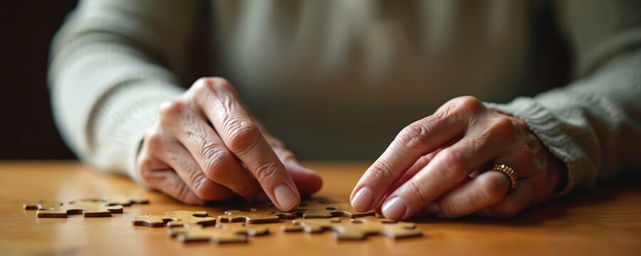 Close-up of senior woman hands assembling wooden jigsaw puzzle. Elderly person connects pieces, solving logic game. Hobby for brain training, memory improvement, preventing cognitive decline like