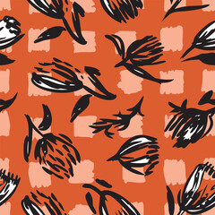Hand drawn, abstract flowers with leaves seamless repeat pattern on retro checked background. Random placed, vector botany grid aop, all over surface print.