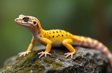 Fototapeta premium Yellow leopard gecko reptile with black spots sits on mossy rock. Lizard has patterned skin and large eyes looking around. Animal is a popular pet for its docile nature and unique appearance.