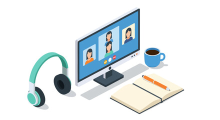 Virtual meeting setup with laptop, headphones, and notebook in isometric style