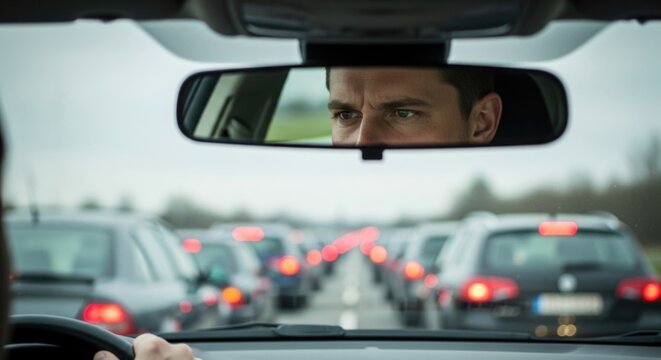 Man looking frustrated in rearview mirror, stuck in dense traffic jam on a dreary day. Tired driver caught in long line of cars on road.