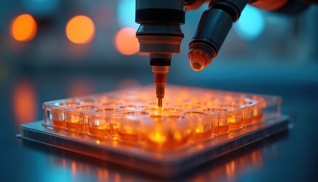 Automated lab robot arm works with microplate containing samples. Precision instrument performs scientific research in genetic engineering and drug discovery.