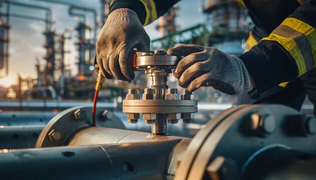 Close-up of a worker's gloved hands adjusting a large industrial valve on a pipeline at a refinery or chemical plant.