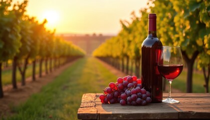 Fototapeta premium Wine bottle and glass on table in vineyard. Red wine with grapes at sunset. Wine production industry for winery business or tasting event. Alcohol drinks concept with grape plantation.