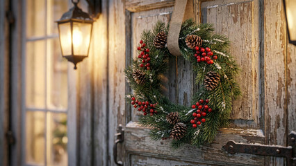 Fototapeta premium Rustic Christmas Wreath with Pine Cones and Red Berries Hanging on Old Weathered Wooden Door