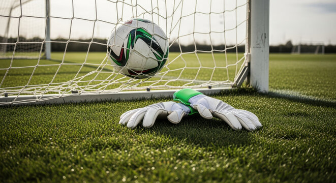 A soccer ball in the goal net with goalkeeper gloves on the green grass field. Football equipment for training or a match. Sports victory and competition concept