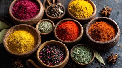 Fototapeta premium Various spices are displayed in wooden bowls, showcasing vibrant colors like red, yellow, and green. This scene captures the essence of cooking with fresh, flavorful ingredients in a kitchen.