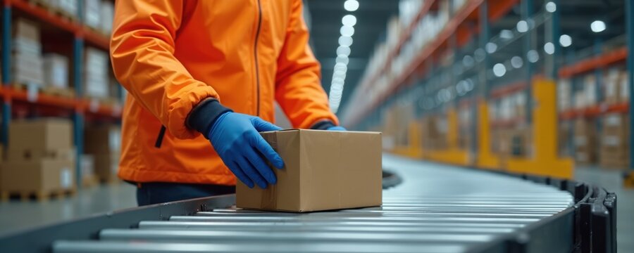 Warehouse employee in orange jacket puts cardboard box on conveyor belt. Worker in blue gloves sorts parcels on automated line. Man works at distribution center for shipping service. Logistics