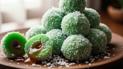 Delicious Klepon, traditional Indonesian sweet glutinous rice balls filled with palm sugar and coated in coconut.