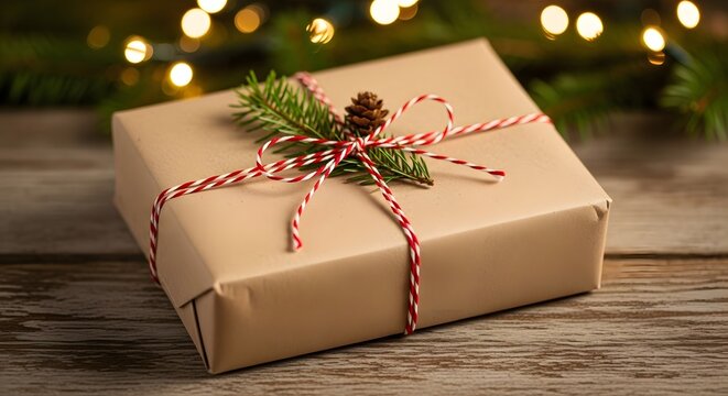Christmas gift wrapped in kraft paper with twine and pine cone - Powered by Adobe