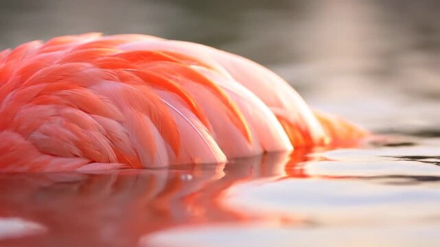 Close-up of a flamingo's feathers reflecting on the water surface