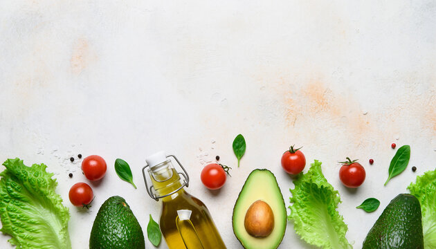 Fresh salad ingredients arranged artfully with olive oil and avocado, perfect for healthy recipes and vibrant culinary designs, ideal for food blogging