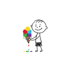 Young boy smiling and holding colorful melting ice cream cone  