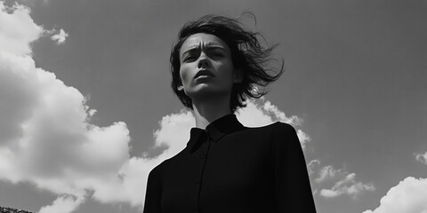 An Elegant Striking Black and White Portrait of a Model Beautifully Posed Amongst Soft Clouds