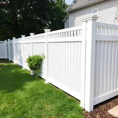 Vinyl fence installation wraps around exterior backyard. Fenced property with green lawn grass, shrubs. Residential area home improvement project. Protective property perimeter. Modern design.